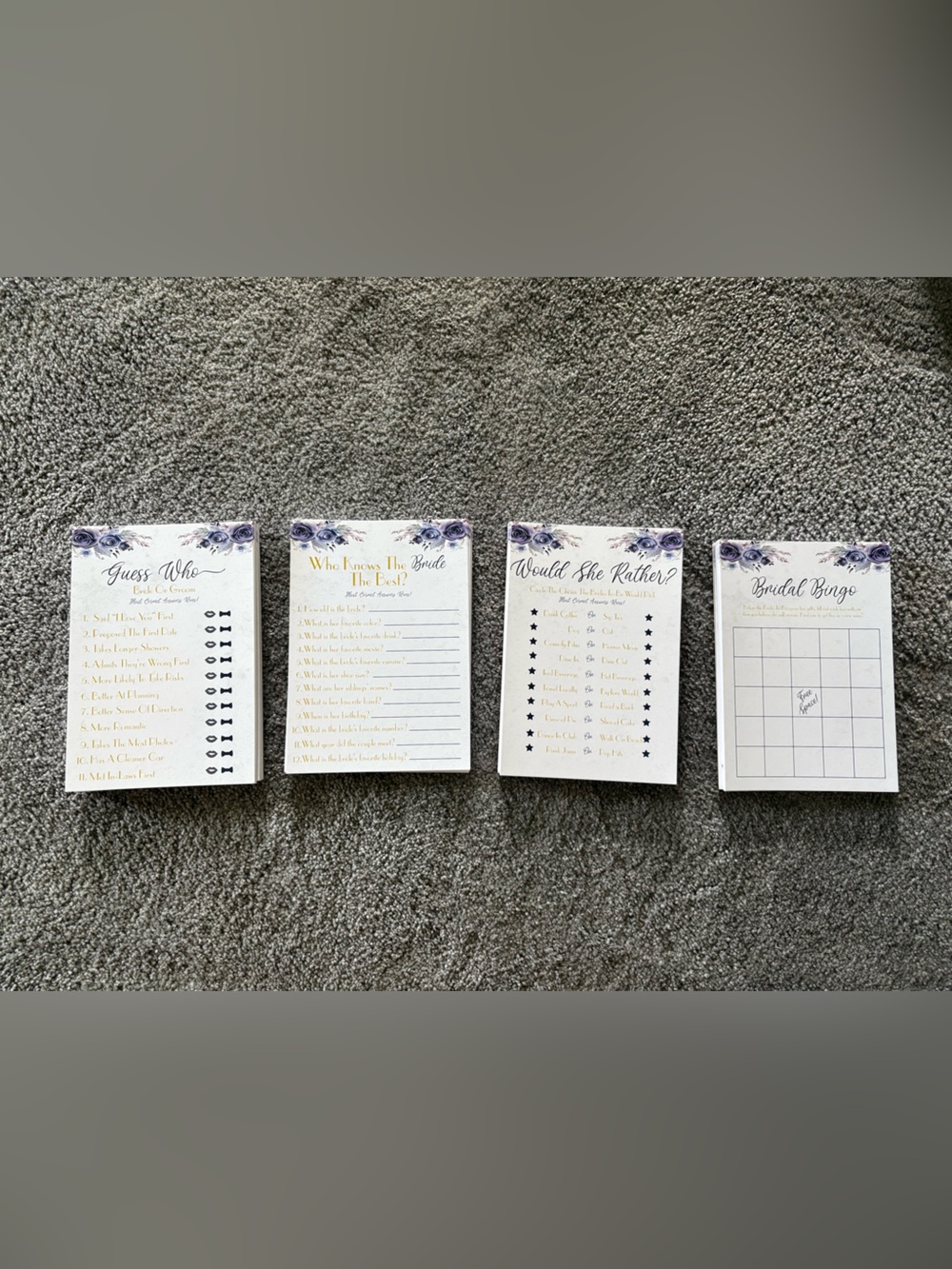 Bridal Shower Game Cards with Purple Floral Accents